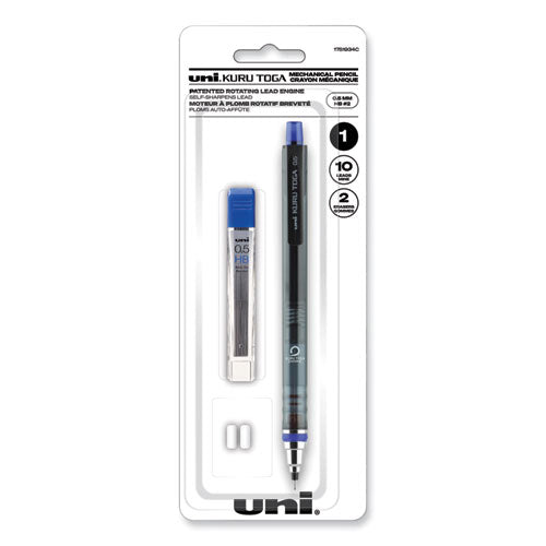 Image of uniball® KuruToga Mechanical Pencil with Tube of Lead/Erasers, 0.5 mm, HB (#2), Black Lead, Black Barrel