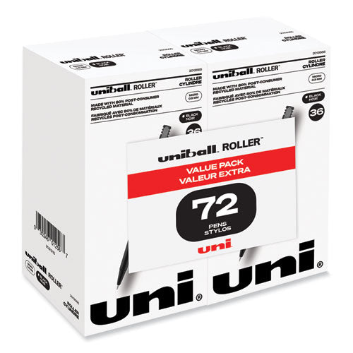 Image of uniball® Rollerball Pen, Stick, Extra-Fine 0.5 mm, Black Ink, Black Barrel, 72/Pack