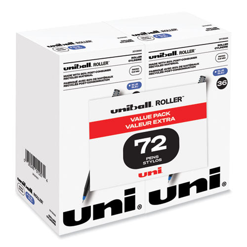 Image of uniball® Rollerball Pen, Stick, Extra-Fine 0.5 mm, Blue Ink, Black/Blue Barrel, 72/Pack