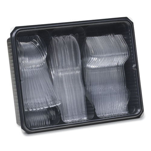 Image of Dixie® Cutlery Keeper Tray with Clear Plastic Utensils, Heavyweight, Fork/Knife/Spoon, Plastic, Crystal Clear, 180/Pack