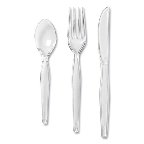 Image of Dixie® Cutlery Keeper Tray with Clear Plastic Utensils, Heavyweight, Fork/Knife/Spoon, Plastic, Crystal Clear, 180/Pack
