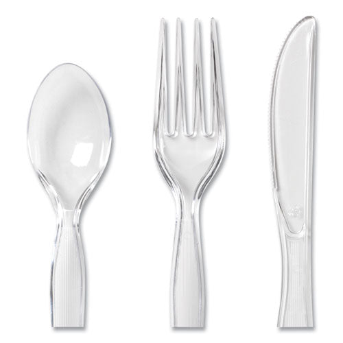 Image of Dixie® Cutlery Keeper Tray with Clear Plastic Utensils, Heavyweight, Fork/Knife/Spoon, Plastic, Crystal Clear, 180/Pack