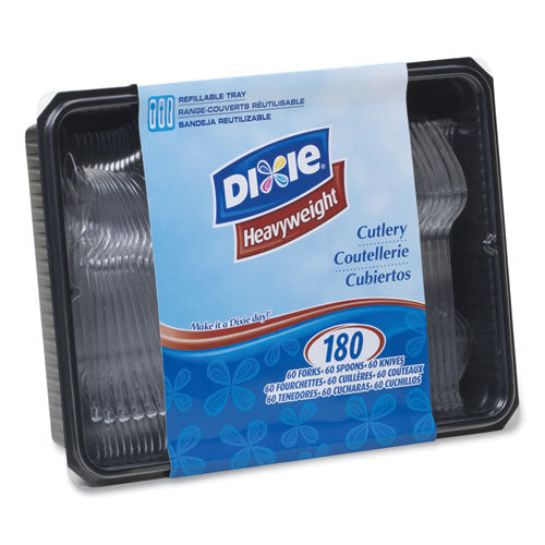 Image of Dixie® Cutlery Keeper Tray with Clear Plastic Utensils, Heavyweight, Fork/Knife/Spoon, Plastic, Crystal Clear, 180/Pack