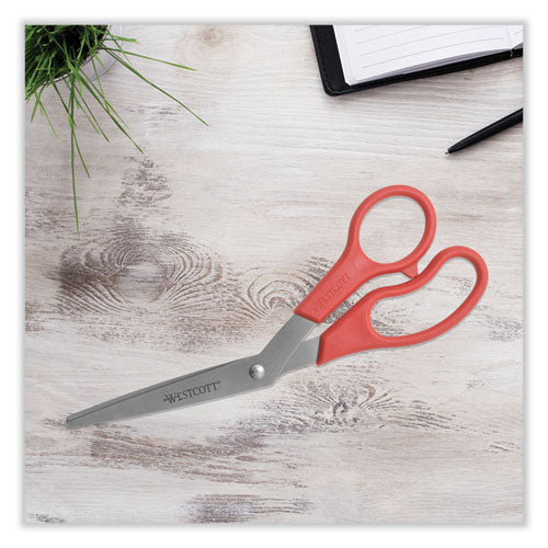 Image of Westcott® Value Line Stainless Steel Shears, 8" Long, 3.5" Cut Length, Crane-Style Red Handle