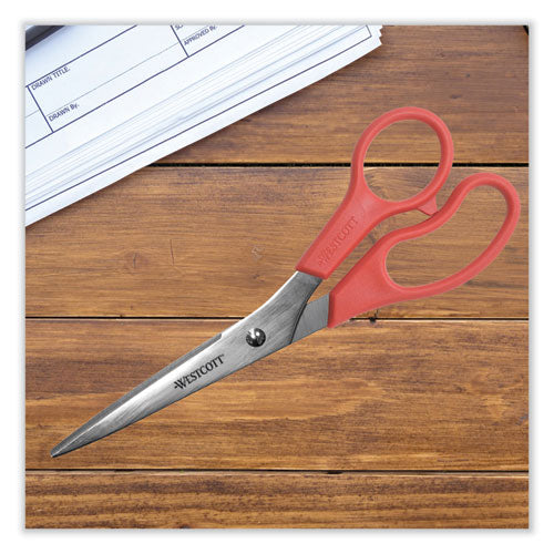Image of Westcott® Value Line Stainless Steel Shears, 8" Long, 3.5" Cut Length, Offset Red Handle