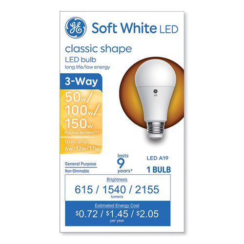 Image of GE Classic Led Sw Non-Dim A19 3-Way Light Bulb, 6 W; 12 W; 17 W, Soft White