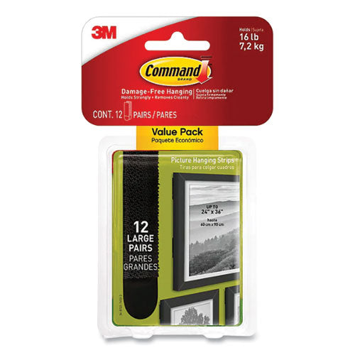 Image of Command Bath Picture Hanging Strips, Large, Removable, Holds Up To 4 Lbs Per Pair, 0.75 X 3.65, Black, 12 Pairs/pack