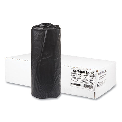 Image of Inteplast Group Low-Density Commercial Can Liners, 60 gal, 1.5 mil, 38" x 58", Black, Interleaved Roll, 20 Bags/Roll, 5 Rolls/Carton