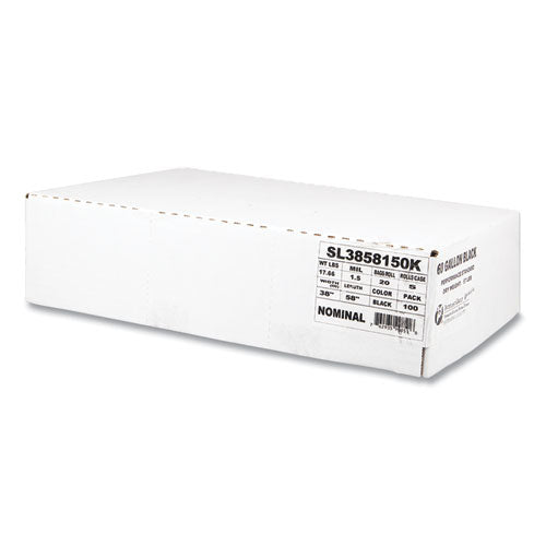 Image of Inteplast Group Low-Density Commercial Can Liners, 60 gal, 1.5 mil, 38" x 58", Black, Interleaved Roll, 20 Bags/Roll, 5 Rolls/Carton