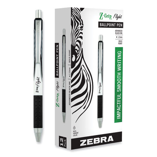 Image of Zebra® Z-Grip Flight Ballpoint Pen, Retractable, Bold 1.2 mm, Black Ink, Black/Gray/White Barrel, 12/Pack