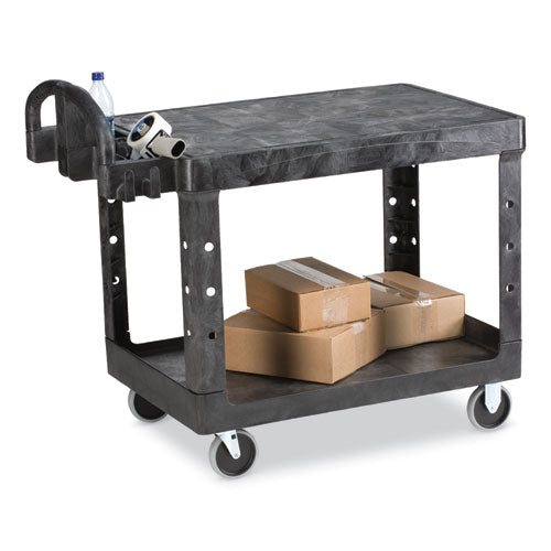 Image of Rubbermaid® Commercial Flat Shelf Utility Cart, Plastic, 2 Shelves, 500 lb Capacity, 25.25" x 44" x 38.13", Black
