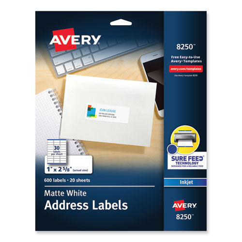 Image of Avery® Vibrant Inkjet Color-Print Labels w/ Sure Feed, 1 x 2.63, Matte White, 600/PK