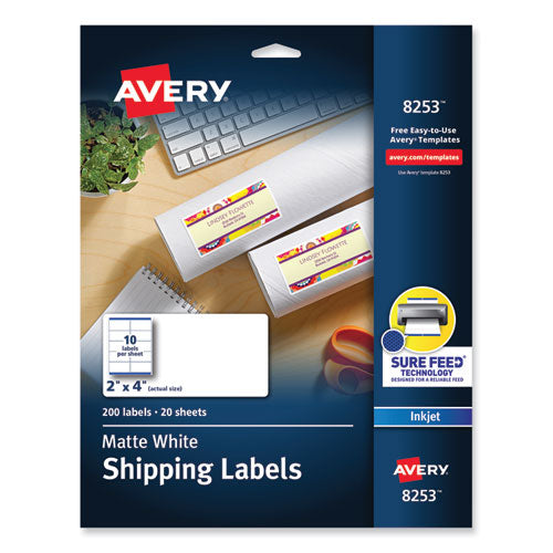 Image of Avery® Vibrant Inkjet Color-Print Labels W/ Sure Feed, 2 X 4, Matte White, 200/pk