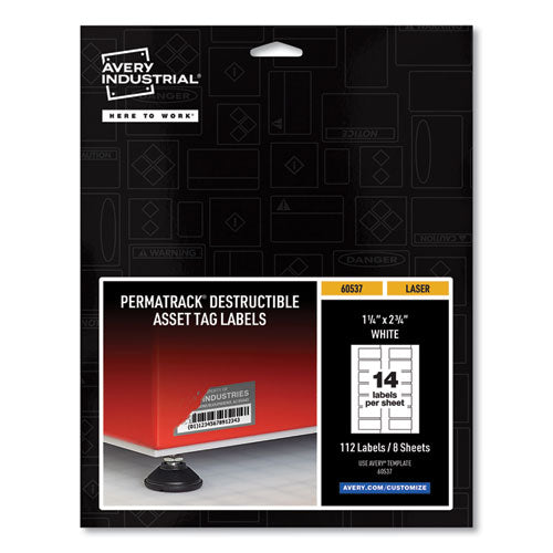 Image of Avery® Permatrack Destructible Asset Tag Labels, Laser Printers, 1.25 X 2.75, White, 14/sheet, 8 Sheets/pack