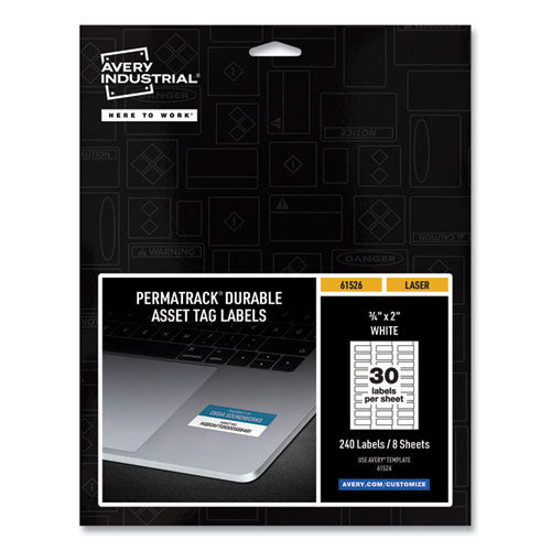 Image of Avery® Permatrack Durable White Asset Tag Labels, Laser Printers, 0.75 X 2, White, 30/sheet, 8 Sheets/pack