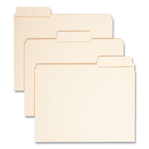 Image of Smead SuperTab Reinforced Guide Height Top Tab Folders, 1/3-Cut Tabs: Assorted, Letter Size, 0.75" Expansion, Manila, 100/Box