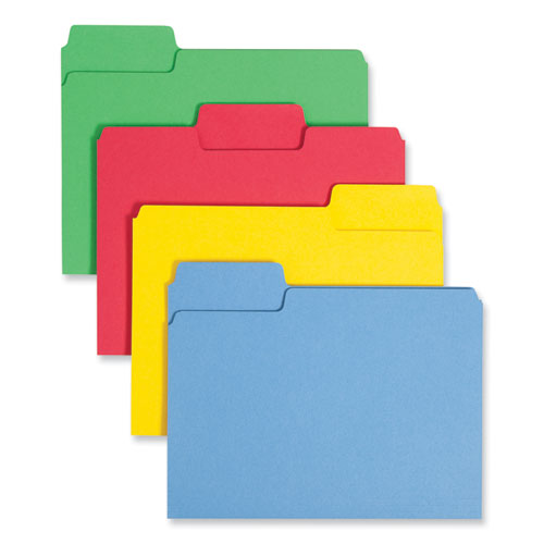 Image of Smead SuperTab Colored File Folders, 1/3-Cut Tabs: Assorted, Letter Size, 0.75" Expansion, 11-pt Stock, Color Assortment 1, 100/Box
