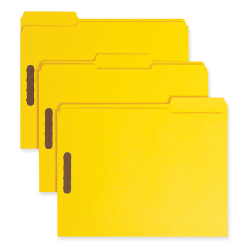 Image of Smead Top Tab Colored Fastener Folders, 0.75" Expansion, 2 Fasteners, Letter Size, Yellow Exterior, 50/Box