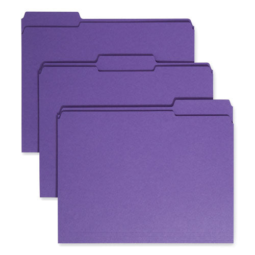 Image of Smead Reinforced Top Tab Colored File Folders, 1/3-Cut Tabs: Assorted, Letter Size, 0.75" Expansion, Purple, 100/Box