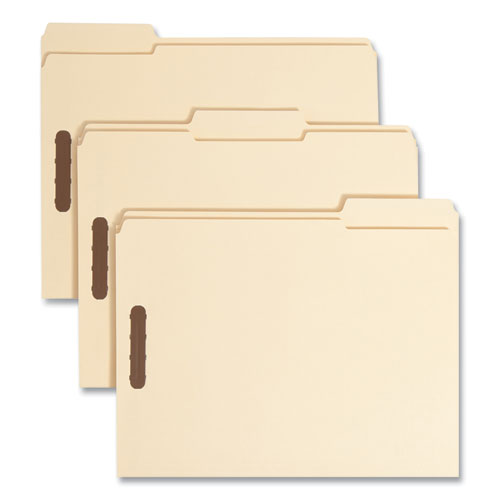Image of Smead Recycled Top Tab Fastener Folders, 1/3-Cut Tabs: Assorted, 0.75" Expansion, 2 Fasteners, Letter Size, Manila Exterior, 50/Box
