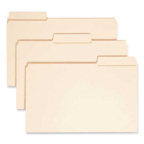 Image of Smead SuperTab Reinforced Guide Height Top Tab Folders, 1/3-Cut Tabs: Assorted, Legal Size, 0.75" Expansion, Manila, 100/Box