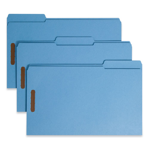 Image of Smead Top Tab Colored Fastener Folders, 0.75" Expansion, 2 Fasteners, Legal Size, Blue Exterior, 50/Box