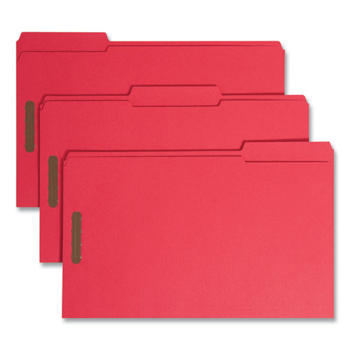 Image of Smead Top Tab Colored Fastener Folders, 0.75" Expansion, 2 Fasteners, Legal Size, Red Exterior, 50/Box