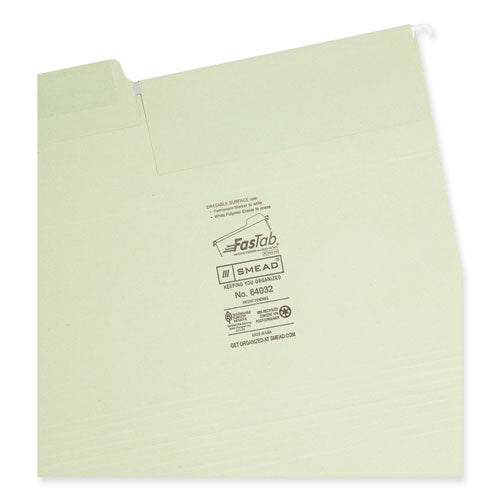 Image of Smead Erasable FasTab Hanging Folders, Letter Size, 1/3-Cut Tabs, Moss, 20/Box