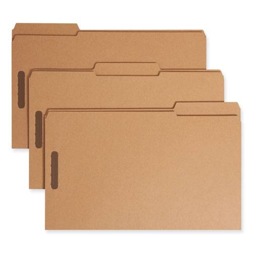 Image of Smead Top Tab Fastener Folders, 1/3-Cut Tabs: Assorted, 0.75" Expansion, 2 Fasteners, Legal Size, Kraft Exterior, 50/Box