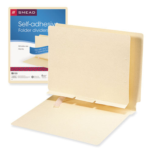 Image of Smead Self-Adhesive Folder Dividers for Top/End Tab Folders, Prepunched for Fasteners, 1 Fastener, Letter Size, Manila, 100/Box