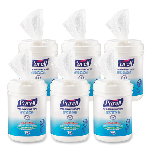 Image of PURELL® Hand Sanitizing Wipes Alcohol Formula, 6 x 7, Unscented, White, 175/Canister, 6 Canisters/Carton