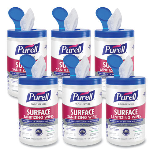 Image of PURELL® Foodservice Surface Sanitizing Wipes, 1-Ply, 10 x 7, Fragrance-Free, White, 110/Canister, 6 Canisters/Carton