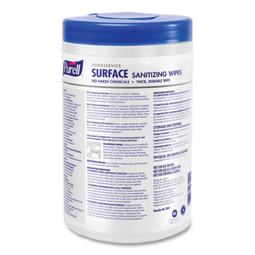 Image of PURELL® Foodservice Surface Sanitizing Wipes, 1-Ply, 10 x 7, Fragrance-Free, White, 110/Canister, 6 Canisters/Carton