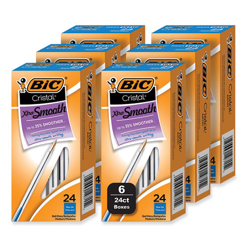 Image of BIC® Cristal Xtra Smooth Ballpoint Pen, Stick, Medium 1 mm, Blue Ink, Clear Barrel, 144/Pack
