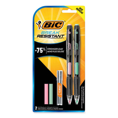 Image of BIC® Break-Resistant Mechanical Pencils with Erasers, 0.7 mm, HB (#2), Black Lead, Assorted Barrel Colors, 2/Pack