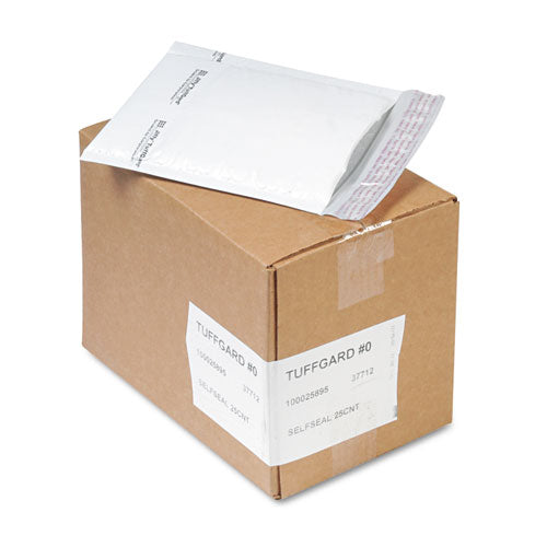 Image of Sealed Air Jiffy TuffGard Self-Seal Cushioned Mailer, #0, Barrier Bubble Air Cell Cushion, Self-Adhesive Closure, 6 x 10, White, 25/CT