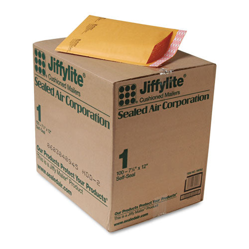 Image of Sealed Air Jiffylite Self-Seal Bubble Mailer, #1, Barrier Bubble Air Cell Cushion, Self-Adhesive Closure, 7.25 x 12, Brown Kraft, 100/CT
