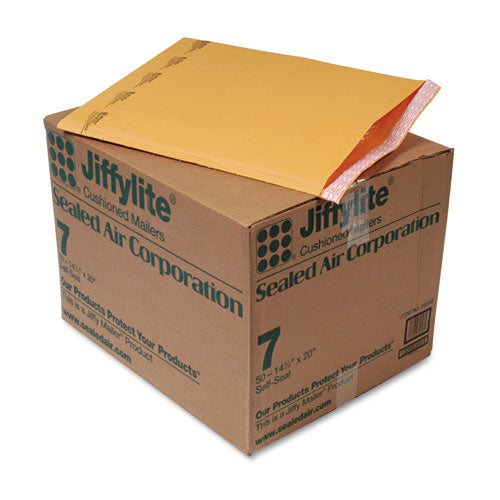 Image of Sealed Air Jiffylite Self-Seal Bubble Mailer, #7, Barrier Bubble Air Cell Cushion, Self-Adhesive Closure, 14.25 x 20, Brown Kraft, 50/CT
