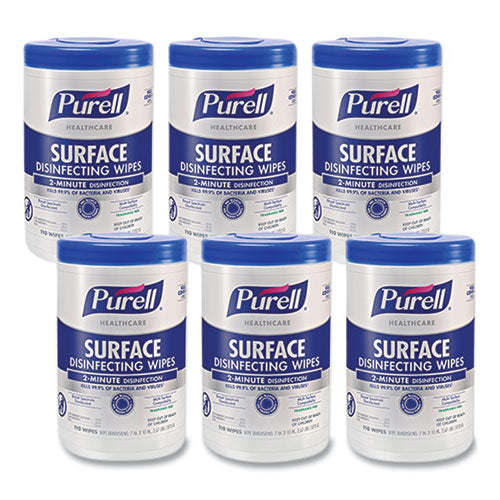 Image of PURELL® Healthcare Surface Disinfecting Wipes, 1-Ply, 7" x 10", Unscented, White, 110 Wipes/Canister, 6 Canisters/Carton