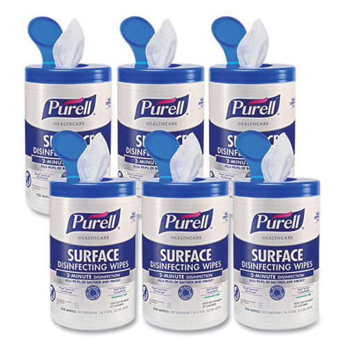 Image of PURELL® Healthcare Surface Disinfecting Wipes, 1-Ply, 7" x 10", Unscented, White, 110 Wipes/Canister, 6 Canisters/Carton