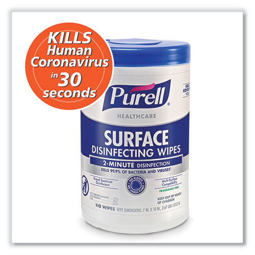 Image of PURELL® Healthcare Surface Disinfecting Wipes, 1-Ply, 7" x 10", Unscented, White, 110 Wipes/Canister, 6 Canisters/Carton
