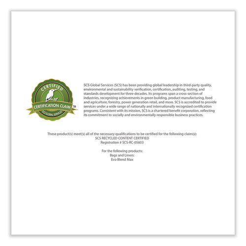 Image of Heritage Eco Blend Max Can Liners, 33 gal, 0.8 mil, 33" x 39", Green, 25 Bags/Roll, 8 Rolls/Carton