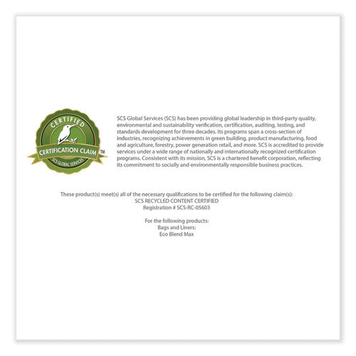 Image of Heritage Eco Blend Max Can Liners, 33 gal, 0.8 mil, 33" x 39", Blue, 25 Bags/Roll, 8 Rolls/Carton