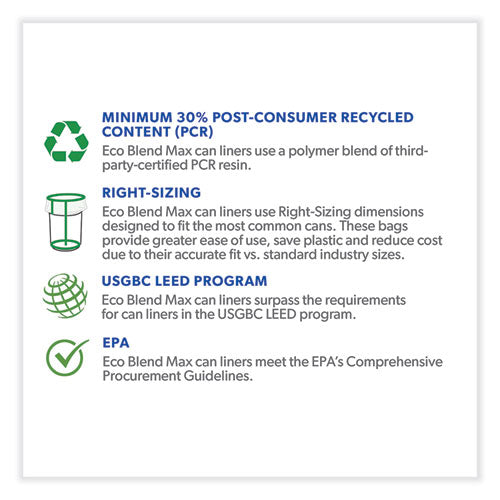 Image of Heritage Eco Blend Max Can Liners, 45 gal, 0.8 mil, 40" x 46", Black, 25 Bags/Roll, 6 Rolls/Carton