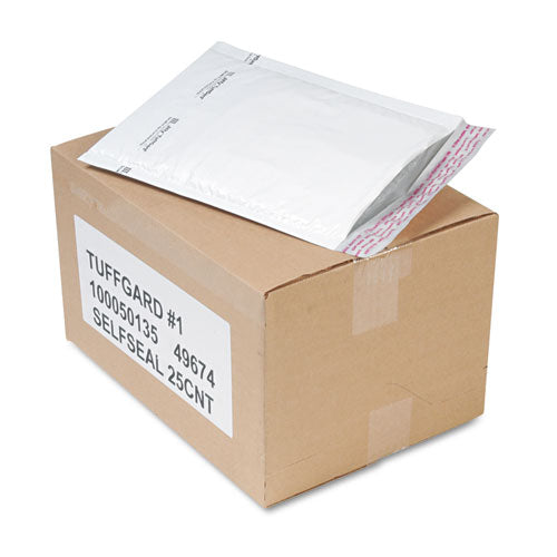 Image of Sealed Air Jiffy TuffGard Self-Seal Cushioned Mailer,#1, Barrier Bubble Air Cell Cushion, Self-Adhesive Closure, 7.25 x 12, White, 25/CT