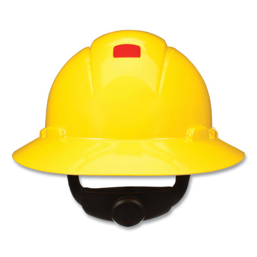 Image of 3M SecureFit Full Brim Hard Hat with Uvicator, Four-Point Ratchet Suspension, Yellow