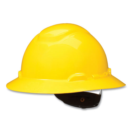 Image of 3M SecureFit Full Brim Hard Hat with Uvicator, Four-Point Ratchet Suspension, Yellow