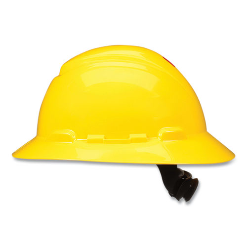 Image of 3M SecureFit Full Brim Hard Hat with Uvicator, Four-Point Ratchet Suspension, Yellow