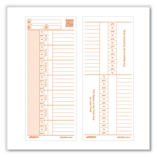 Image of uPunch Time Card for PK1100 Time Clock, Two Sides, 3.38 x 8.25, 100/Pack