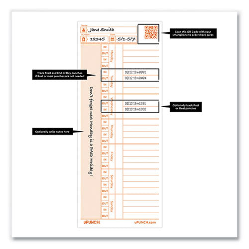 Image of uPunch Time Card for PK1100 Time Clock, Two Sides, 3.38 x 8.25, 100/Pack